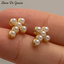 Cargar imagen en el visor de la galería, Aretes Cruz de Perlas Oro 14k