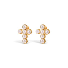 Cargar imagen en el visor de la galería, Aretes Llena de Gracia en forma de cruz chapados en oro de 18k con perlas incrustadas, diseño elegante y pequeño.