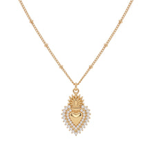 Cargar imagen en el visor de la galería, Collar Llena de Gracia con dije de Sagrado Corazón en acero bañado en oro y cristales brillantes sobre cadena de balines.