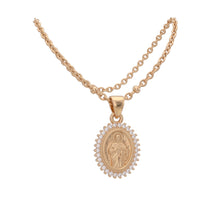 Cargar imagen en el visor de la galería, Collar Llena de Gracia con dije de San Judas Tadeo en baño de oro 14k, bisel de cristales y cadena de mini balines.