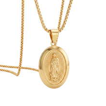 Cargar imagen en el visor de la galería, Llena de Gracia 18k gold-plated oval Virgin of Guadalupe pendant necklace on a delicate chain
