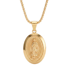 Cargar imagen en el visor de la galería, Cadena con medallón ovalado de la Virgen de Guadalupe con acabado en oro 18k