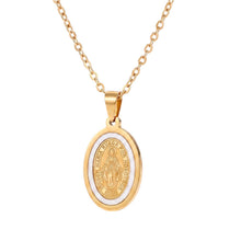 Cargar imagen en el visor de la galería, Llena de Gracia oval Miraculous Medal pendant featuring natural mother of pearl and 14k gold plated bezel on a chain.