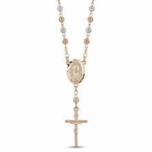 Load image into Gallery viewer, Rosario Llena de Gracia de oro laminado tricolor con dije de la Virgen de Guadalupe y crucifijo de oro 18k