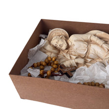Load image into Gallery viewer, Llena de Gracia San Jose Dormido kit featuring a 22cm ivory resin statue, wooden rosary, and prayer card in gift box