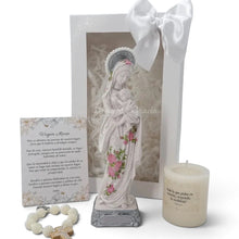 Cargar imagen en el visor de la galería, Llena de Gracia gift set featuring a hand-painted ivory resin Virgin Mary statue with pink floral details and candle