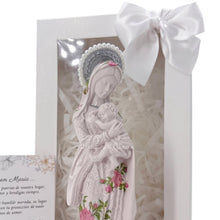 Cargar imagen en el visor de la galería, Llena de Gracia Virgen de la Salud resin statue with pink floral details in a gift box with a white bow