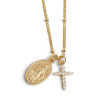 Cargar imagen en el visor de la galería, Cadena con dijes de cruz y Virgencita María con acabado en oro 18k
