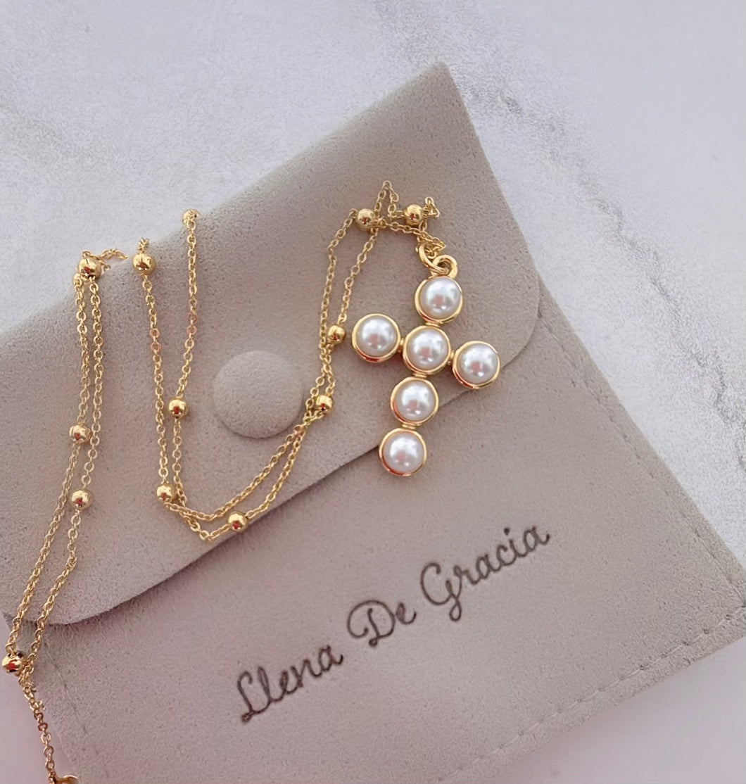 Cadena Cruz  de Perlas, baño en Oro 18k