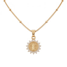 Cargar imagen en el visor de la galería, Cadena con dije de San Benito en forma de girasol con cristales y acabado en oro 18k
