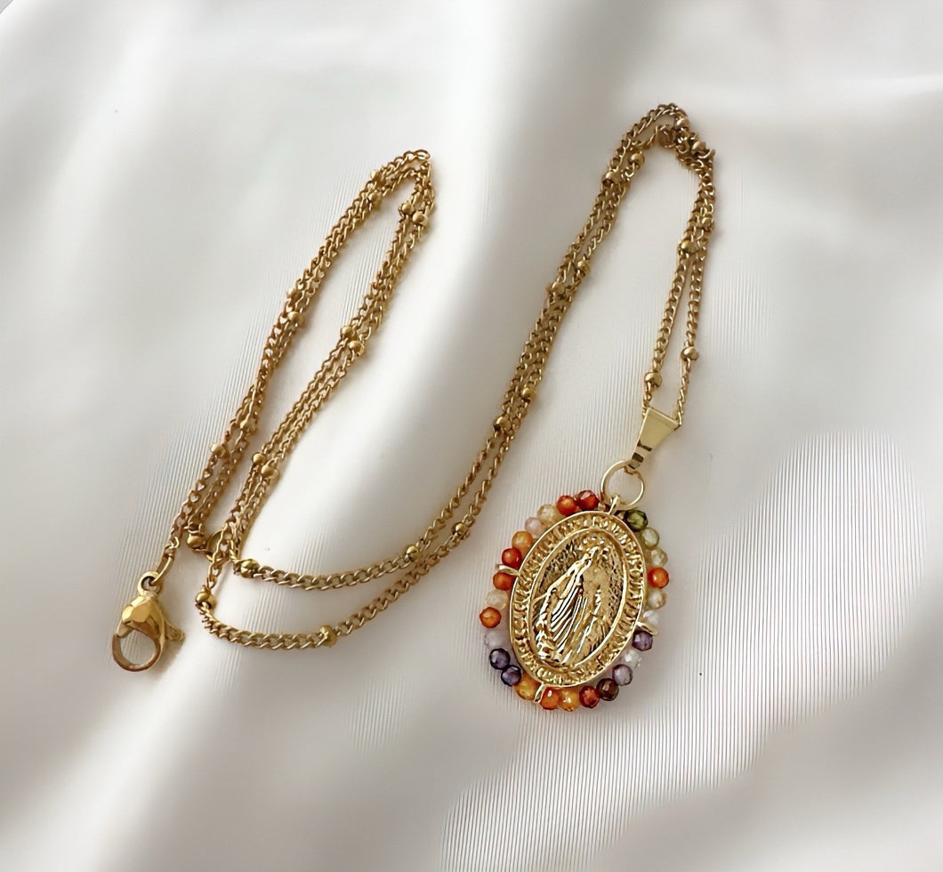 Cadena  Virgen Maria, Bisel de Oro 14k y Mini Cristales