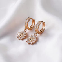 Cargar imagen en el visor de la galería, Aretes Llena de Gracia de aro en vermeil de oro rosa con medallón de la Virgen María y cristales de zirconia brillantes
