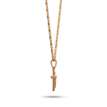 Load image into Gallery viewer, Cadena con dije de Cristo Llena de Gracia en oro 18k, presentada en estuche blanco para primera comunión.
