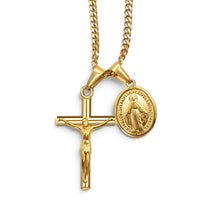 Load image into Gallery viewer, Cadena de crucifijo y medalla de la Virgen Milagrosa chapados en oro 18k, hermoso regalo para primera comunión.
