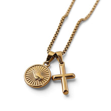 Cargar imagen en el visor de la galería, Collar Llena de Gracia con cadena de 45 cm, dije de cruz y medalla de manos en oración chapado en oro 18k

