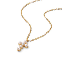 Load image into Gallery viewer, Collar Llena de Gracia con dije de cruz pequeña formado por perlas naturales y bisel en baño de oro 14k.
