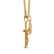 Load image into Gallery viewer, Collar Llena de Gracia con cadena cubana y dijes de crucifijo y Virgen Milagrosa chapados en oro 18k, estilo unisex.
