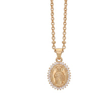 Cargar imagen en el visor de la galería, Collar Llena de Gracia con dije de San Judas Tadeo en baño de oro 14k, rodeado de cristales y cadena de mini balines.
