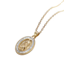 Cargar imagen en el visor de la galería, Collar Llena de Gracia con dije de la Virgen de Guadalupe en diseño mosaico y baño de oro 18k sobre fondo blanco
