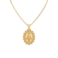 Load image into Gallery viewer, Collar Llena de Gracia con dije de Virgen de la Medalla Milagrosa en oro 14k con detalle de filigrana
