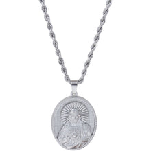 Load image into Gallery viewer, Collar Llena de Gracia con dije ovalado del Sagrado Corazón de Jesús en plata esterlina con baño de rodio
