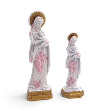 Load image into Gallery viewer, Figuras de la Virgen de la Salud Llena de Gracia en resina marfil con detalles florales rosas y base dorada
