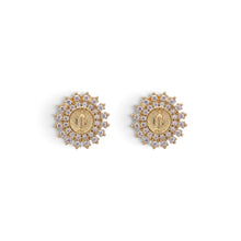 Cargar imagen en el visor de la galería, Llena de Gracia 18K gold plated stud earrings featuring a Virgin Mary medallion surrounded by sparkling zircon stones.

