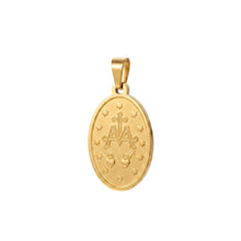 Cargar imagen en el visor de la galería, Llena de Gracia oval Milagrosa Maria pendant in 14k gold plated metal with engraved religious symbols and stars
