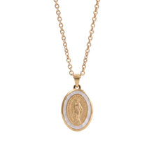 Cargar imagen en el visor de la galería, Llena de Gracia oval Miraculous Medal necklace featuring natural mother of pearl and 14k gold plated bezel
