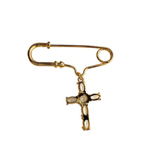 Cargar imagen en el visor de la galería, Pin Llena de Gracia con cruz de cristales en baño de oro 14k, ideal para bautizos y ocasiones especiales.
