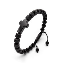 Cargar imagen en el visor de la galería, Pulsera Llena de Gracia Vertice de ónix negro con cuentas texturizadas y dije de cruz central para hombre
