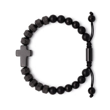 Cargar imagen en el visor de la galería, Pulsera Llena de Gracia Vertice de ónix negro con dije de cruz y cuentas texturizadas para hombre
