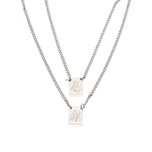 Cargar imagen en el visor de la galería, Llena de Gracia rhodium-plated surgical steel scapular necklace with two rectangular pendants on a 68cm chain.
