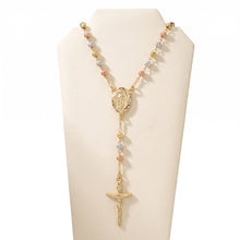 Load image into Gallery viewer, Rosario Llena de Gracia de oro laminado tricolor con dije de la Virgen de Guadalupe y crucifijo de oro 18k
