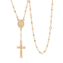 Cargar imagen en el visor de la galería, Rosario Llena de Gracia en oro de 18k con dije de la Virgen de Guadalupe, cristales y crucifijo, 35 cm de largo.
