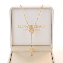 Cargar imagen en el visor de la galería, Rosario Llena de Gracia laminado en oro 18k con dije de la Virgen de Guadalupe, cristales y crucifijo en estuche
