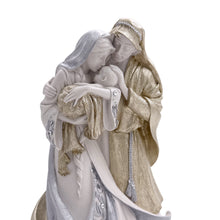 Cargar imagen en el visor de la galería, Llena de Gracia ivory resin Sagrada Familia statue featuring hand-painted gold accents and delicate crystal details.
