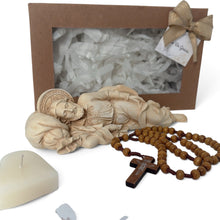 Load image into Gallery viewer, Llena de Gracia San Jose Dormido kit with ivory resin statue, wooden rosary, heart-shaped vanilla candle, and gift box
