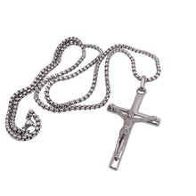 Load image into Gallery viewer, Llena de Gracia 925 sterling silver crucifix pendant on a matching chain, perfect for First Communion or Confirmation.
