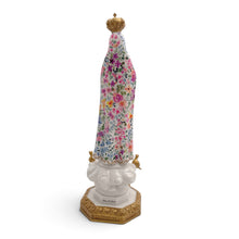 Cargar imagen en el visor de la galería, Llena de Gracia Virgen de Fátima Iris statue in ivory resin with a floral patterned mantle and gold crown back view

