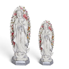 Cargar imagen en el visor de la galería, Figuras de la Virgen de Guadalupe Llena de Gracia en resina marfil con detalles florales pintados a mano
