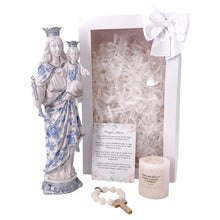 Load image into Gallery viewer, Llena de Gracia gift set featuring a 31cm ivory resin Virgin Mary Auxiliadora statue, prayer card, candle, and rosary.
