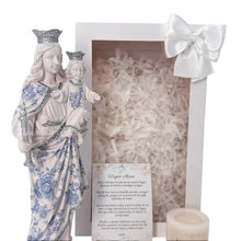 Load image into Gallery viewer, Llena de Gracia gift set featuring a 31cm ivory resin Virgin Mary Auxiliadora statue with blue floral details.
