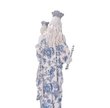 Load image into Gallery viewer, Back view of Llena de Gracia Virgen Maria Auxiliadora ivory resin statue with blue floral pattern and silver crowns
