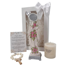 Cargar imagen en el visor de la galería, Llena de Gracia Virgen de la Salud resin figure with pink floral details, prayer card, rosary, and candle gift set.
