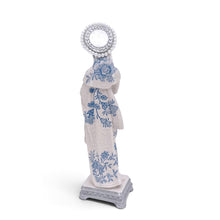 Load image into Gallery viewer, Figura de la Virgen de la Salud Llena de Gracia en resina marfil con estampado floral azul y halo de perlas
